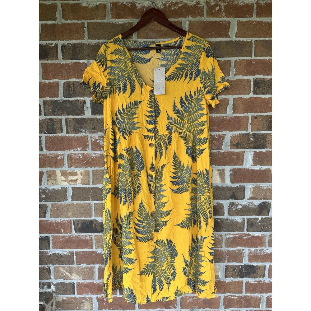 Emery Rose Yellow Dress Button Downwith Blue Leaves XL‎